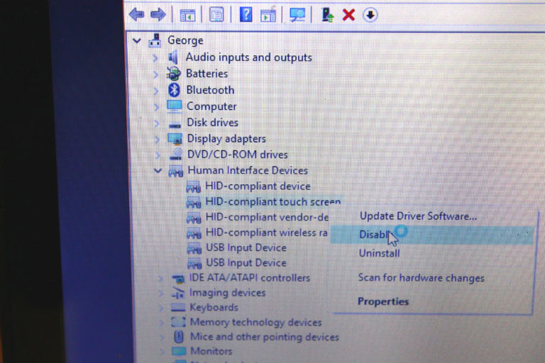 disable touch screen windows 7
